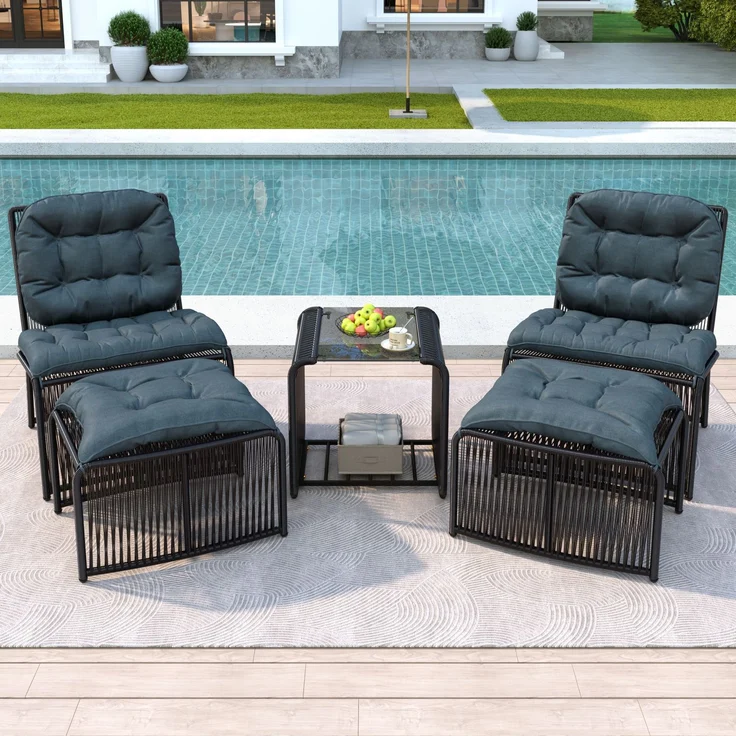 LVHOM Gartenmöbel-Set 5-tlg, Balkonmöbel-Set mit 2 Sessel, 2 Hocker und Tisch, inkl. Sitzpolster, Sitzgruppe Polyrattan, Wetterfestes Lounge-Set – Bild 1