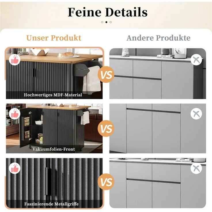 Celya Kücheninsel Kücheninsel, Speisewagen mit Holzmaserung, Ausziehbarer Küchenwagen, (3 Türen, schwarz), Buffet, 130x45(75)x92cm, Gewürzregal, Trennwände verstellbar – Bild 3