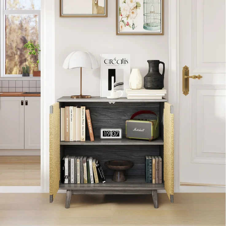 DESVIAE Sideboard Grau aus Holzwerkstoff – 79x78x39,5 cm – Papierseil-Geflecht, verstellbarer Fachboden – Bild 1