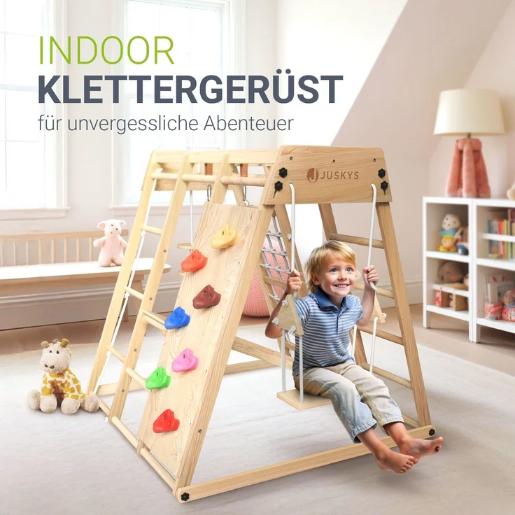 Juskys 'Maxi' Klettergerüst für Kinder - Indoor Spielplatz mit Rutsche, Kletterwand, Kletternetz & Schaukel - Holz Kletterturm klappbar - Holz Natur, 119 x 124 x 119 cm – Bild 2