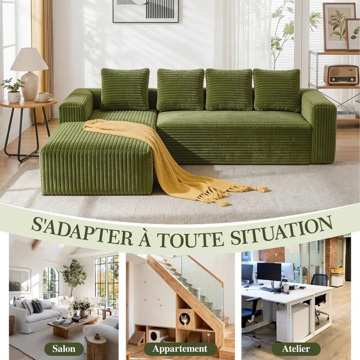 ZUBALIYA Sofa, modular kombinierbar, H 58 × T 168 × B 261 cm, Grün, Cord – Bild 4