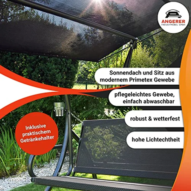 Angerer Freizeitmöbel Hollywoodschaukel 'Elegance Joy', 3-Sitzer mit Bettfunktion, taupe, 210 x 145 x 160 cm, wetterfestes Sonnendach, abziehbare und waschbare Bezüge, Made in Germany – Bild 4