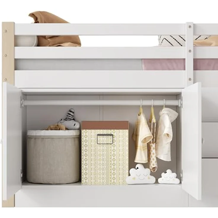 Odikalo Kinderbett Hochbett Einzelbett Schubladen Stauschränken Wäschestange Weiß 90x200 – Bild 6