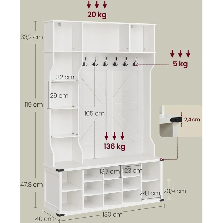 VASAGLE Kleiderständer, Garderobe, Eingangsmöbel mit Schuhregal, verstellbare Ablagen, 20 offene Fächer, 6 Dreifach-Haken, Landhausstil, freistehend, für Eingangsbereich, Flur, wolkenweiß HSRDE440W03 – Bild 5
