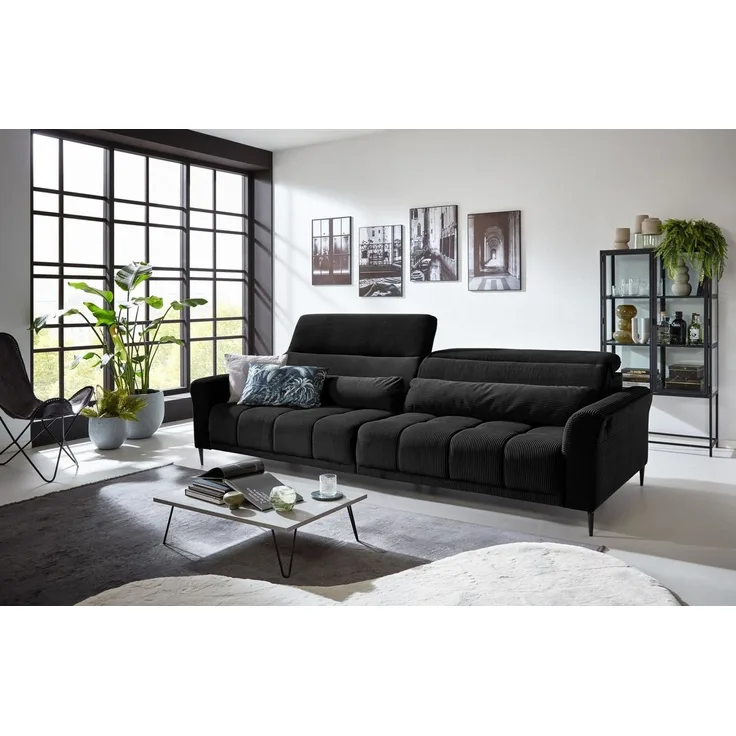 Iwaniccy Big-Sofa 2x elektr. Verstellung, 2 Kissen, Cord schwarz - 280 x 108 x 118 cm (BxHxT)