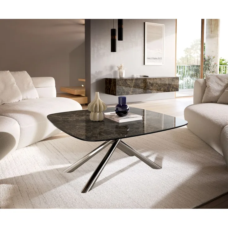 Couchtisch Edge Boot 90x90 cm Keramik Emperador Extra Lucidato Dunkelbraun Sarity Edelstahl gebürstet