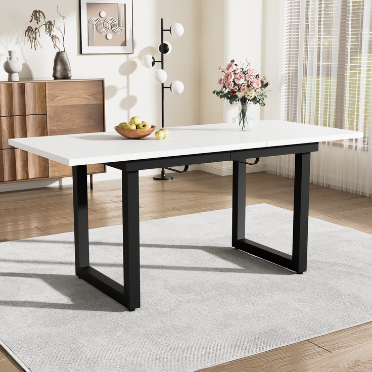 Moderner Esstisch mit Ausziehfunktion und Stahlrohr-Gestell, 80x180x75 cm, Weiß+Schwarz – Bild 2