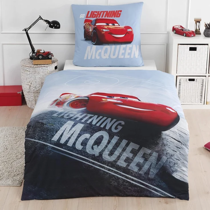 MTOnlinehandel Bettwäsche Cars 135x200 + 80x80 cm, 100 % Baumwolle, Renforcé, 2 teilig, Jungen Kinderbettwäsche Disney's Cars Auto, Lightning McQueen – Bild 1