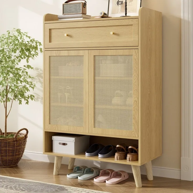 Flieks Schuhschrank mit 1 Schubladen, 2 Türen aus Rattan und verstellbarer Einlegeböden (1-St, 80x35x105 cm) Schuhkommode Mehrzweckschrank Sideboard mit 4 Fächern Natur