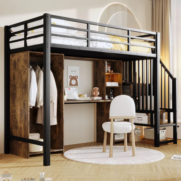 Hochbett mit Schreibtisch, Bücherregal, Kleiderschrank und Rausfallschutz, 90x200cm, Treppe mit Regal, Kinderbett, Metallbett – Bild 1