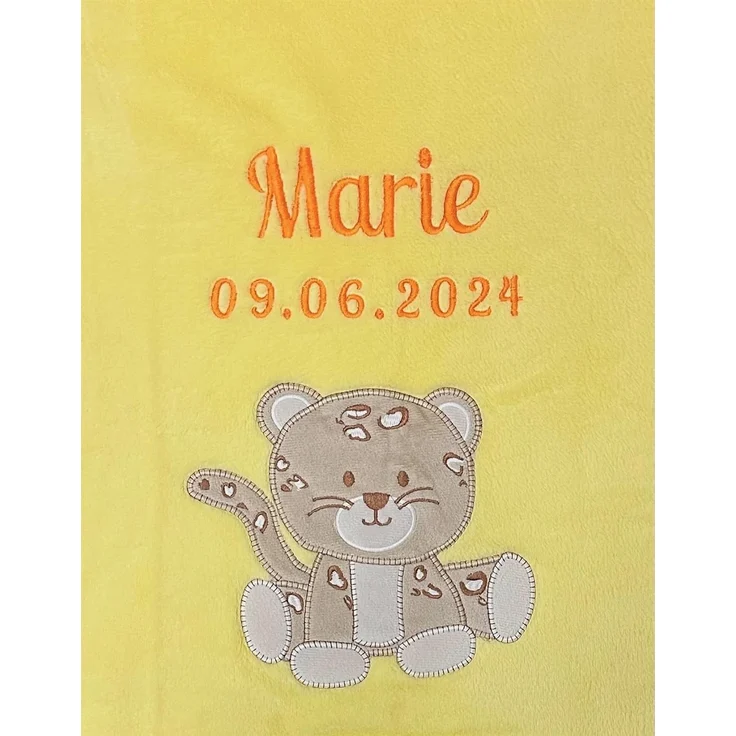 KIDDI-MEDIA Babydecke mit Name und Geburtsdatum Bestickt/kuschelig weich / 1A Qualität (Gelb - Leopard)
