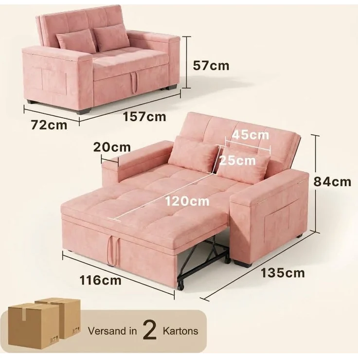 Bealife Schlafsofa 2-Sitzer, Drei verstellbare Rückenlehnenwinkel, B:157CM, Tagsüber Sofa, nachts Gästebett – Bild 3