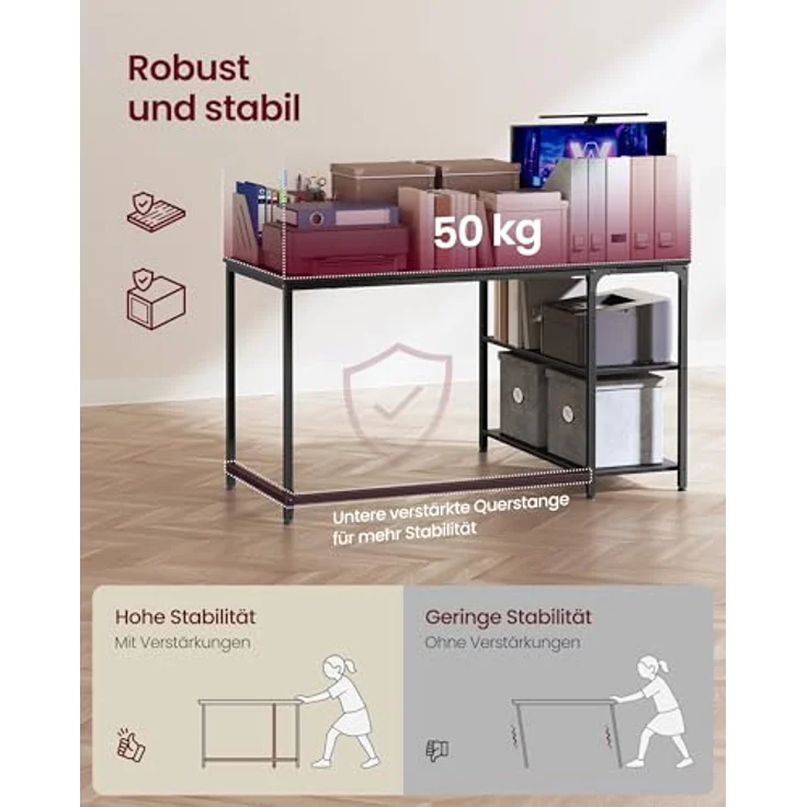 VASAGLE Eckschreibtisch in L-Form, Computertisch mit Stauraum, Bürotisch, höhenverstellbare Ablage, für Homeoffice, mit 2 AC-Steckdosen und 2 USB-Anschlüssen, 120x80 cm, ebenholzschwarz LWD132BE01 – Bild 8