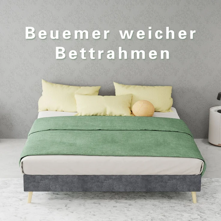 Novelux Bettgestell 140x200 cm - Modernes Plattformbett aus Holz mit grauem Samtbezug, Ohne Kopfteil, Minimalistisches Design – Bild 5