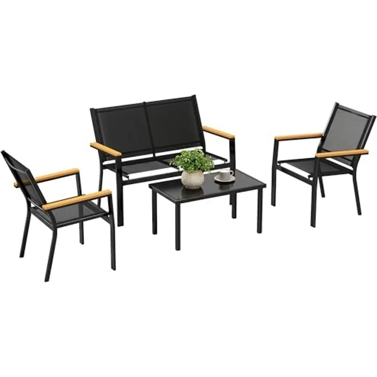 Outsunny Sitzgruppe für 4 Personen mit 2er Sofa Stuhl Beistelltisch, (Gartenlounge, 4-tlg, Gartenmöbel Set), für Garten Balkon Schwarz – Bild 1