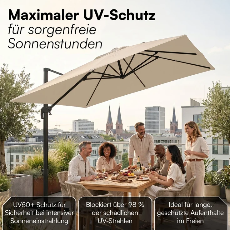 STEELSØN 'Elaris' Premium Sonnenschirm 300x300 cm quadratisch, neigbar und 360-Grad drehbar, taupe, Ampelschirm inkl. Hülle, extrem robuste Metall-Stange, 220 g/m² Polyester, UV50+ – Bild 8