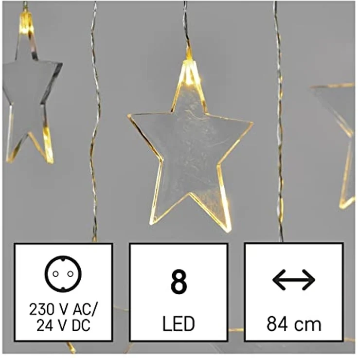 EMOS Mini Lichtervorhang mit 8 Sternen, LED-Lichterkette 84cm mit Sternen, Warmweiß, Lichtergirlande + Netzteil, Leuchtdauer 10.000 h, IP44 für Innen und Außen, für Party, Weihnachten, Deko – Bild 3