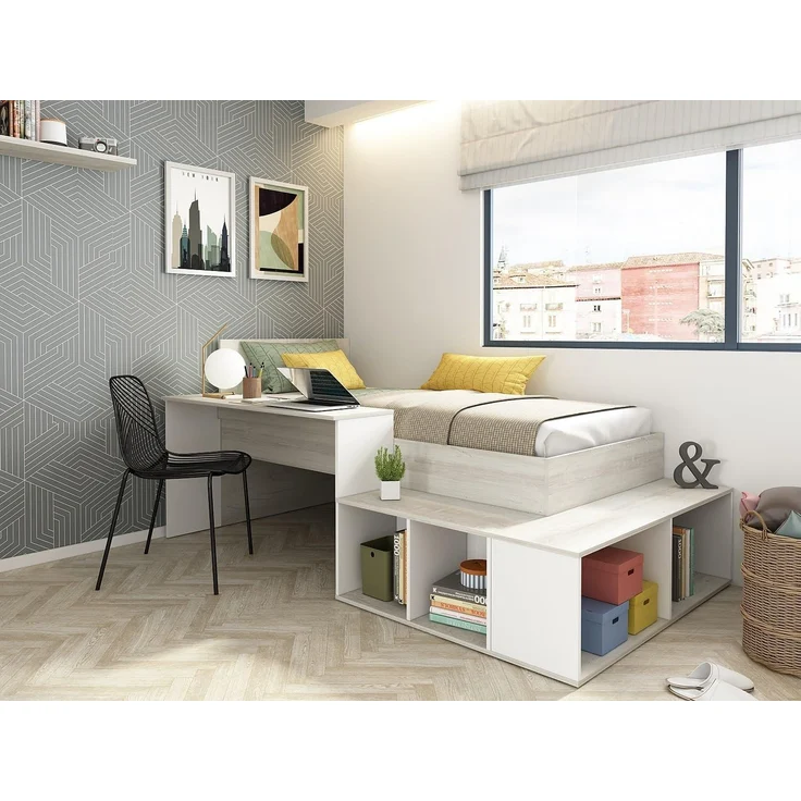 Vente-unique - Kombi-Bett 90 x 200 cm mit Stauraum & Schreibtisch + Lattenrost - Holzfarben & Weiß - RIGALI – Bild 7