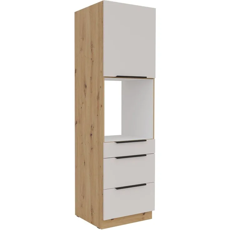 Küchen Hochschrank 60 cm SOLANO Kaschmir beige + Eiche Artisan matt Küchenzeile Küchenblock Küche