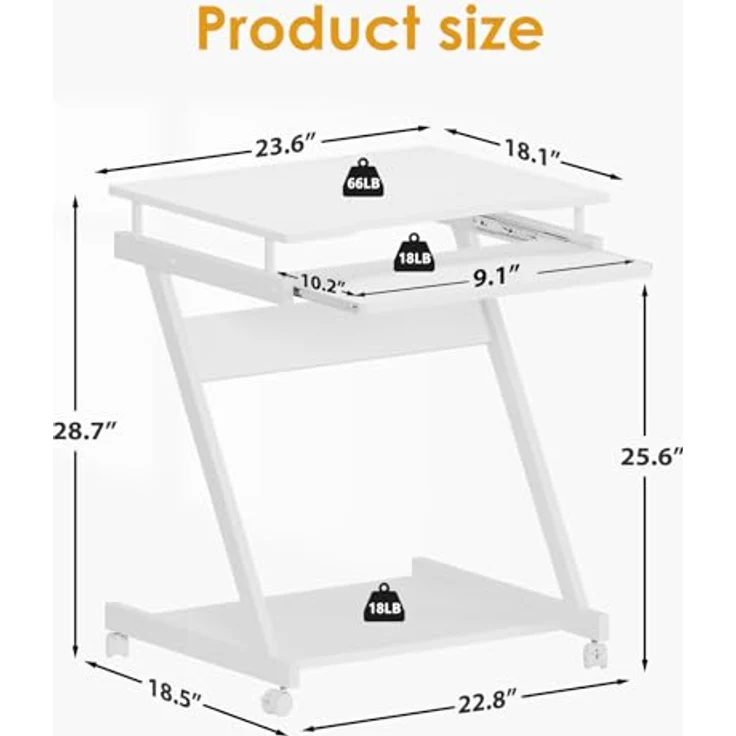 SogesHome Schreibtisch Klein Computertisch mit 4 Rollen 2 Davon mit Bremsen PC-Tisch in Z-Form mit Tastaturauszug für Zuhause und Büro, 60x48 cm – Bild 3