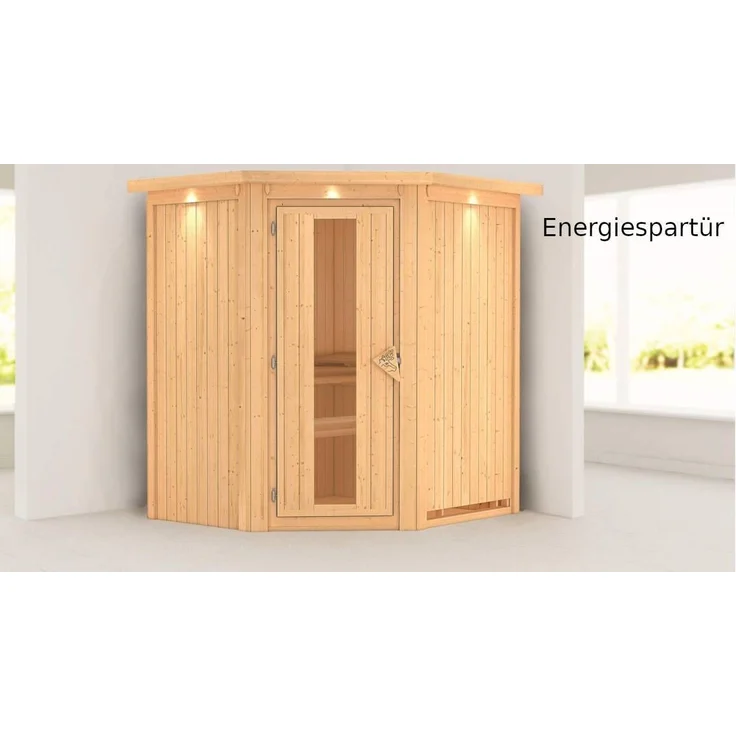 Karibu Sauna Taurin mit Dachkranz + 9kW Saunaofen mit ext. Steuerung Easy Energiespartür – Bild 4