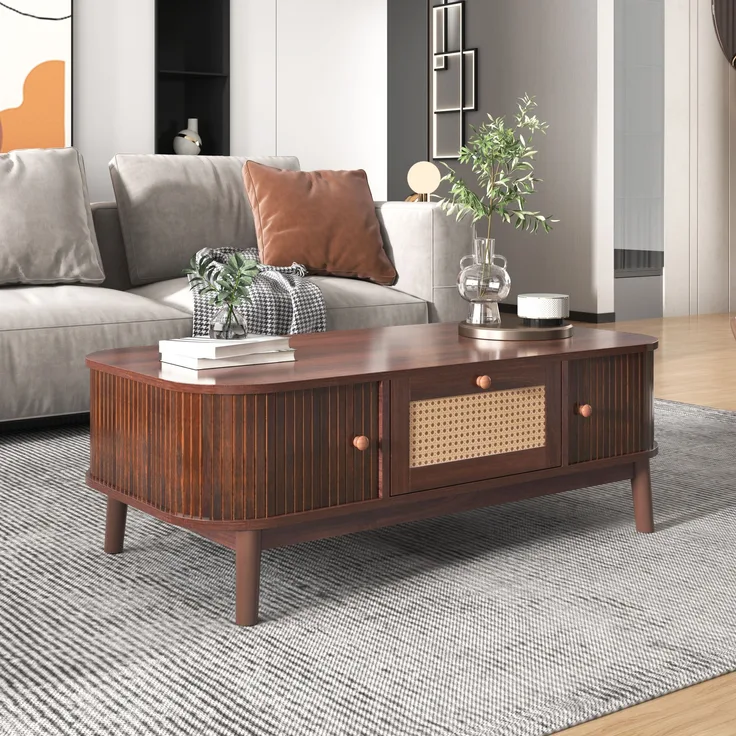 Couchtisch mit Rattan & Massivholztüren im Landhausstil - 110x55x38,5 cm