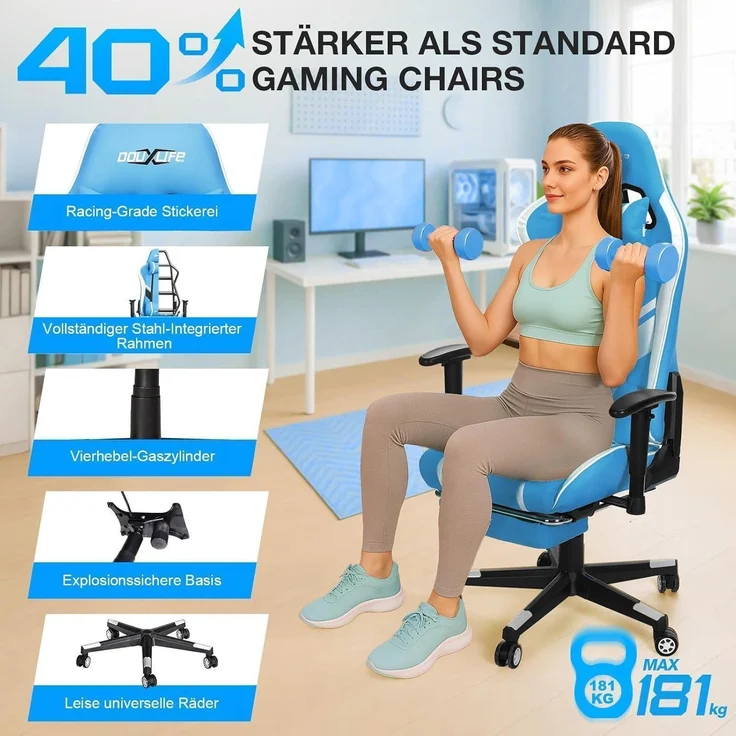 Gaming Stuhl mit 7 Punkt Massage Fußstütze Ergonomischer Bürostuhl Blau – Bild 6