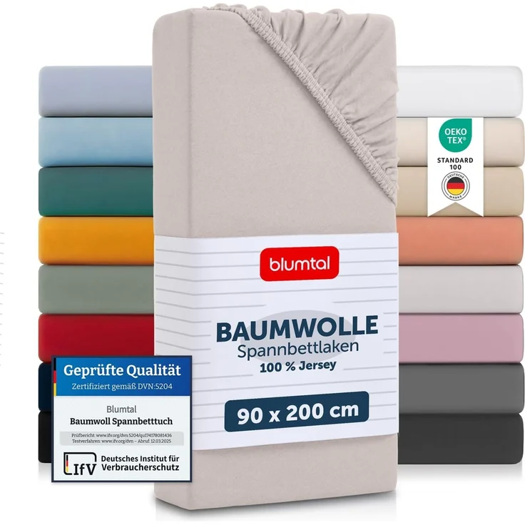 Blumtal® Basics Spannbettlaken - 90x200 cm, Baumwolle Jersey - Oeko-TEX Zertifiziert - Elfenbein – Bild 1