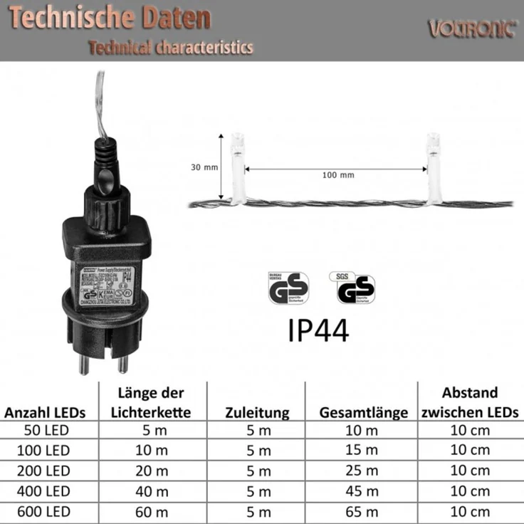 VOLTRONIC® LED Lichterkette, innen und außen, IP44, Modell- und Farbwahl, 100 LEDs, kaltweiß – Bild 2