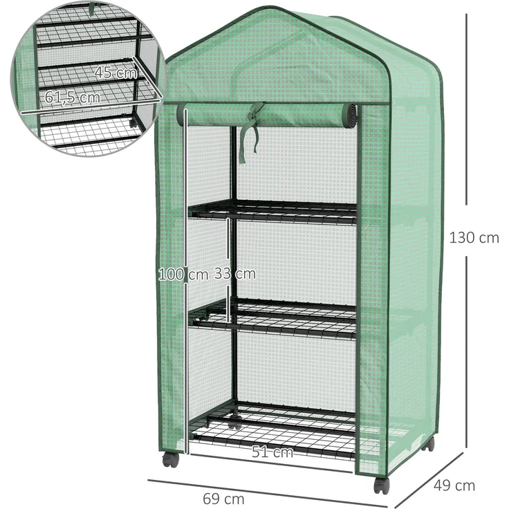 Wohnora-Mini-Gewächshaus mit 3 Regalböden, hochdichter PE-Plane, Rolltür, 4 Rollen, Maße 69 x 49 x 130 cm (L x B x H),H 1300cm x T 740cm x B 490cm,Grün – Bild 4