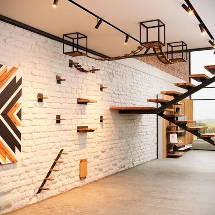 QLS Katzen-Kletterwand LOFT Wand- & Deckenmontage, Set Aus Metall pulverbeschichtet und Holz Geflammt 15 Teilig – Bild 2