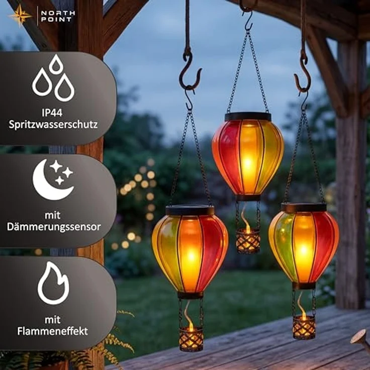 Northpoint LED Solarleuchte Heißluftballon 3er-Set Flammeneffekt Dämmerungssensor – Bild 4