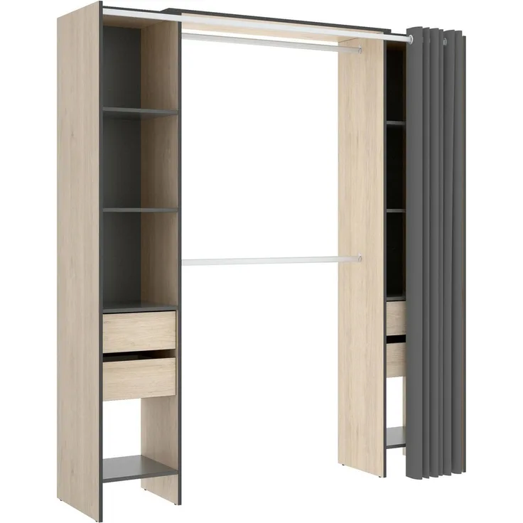 Dmora Großer Kleiderschrank Era, Struktur für begehbaren Kleiderschrank, offener Kleiderbügel, 180 x 50 x 205 cm, Eiche und Anthrazit