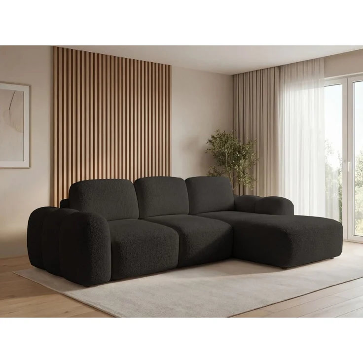 GRAINGOLD Ecksofa Avelin, Eckcouch für Wohnzimmer, L-Form mit Schlaffunktion und Bettkasten, Bouclé-Stoff, Schwarz, Rechts – Bild 3
