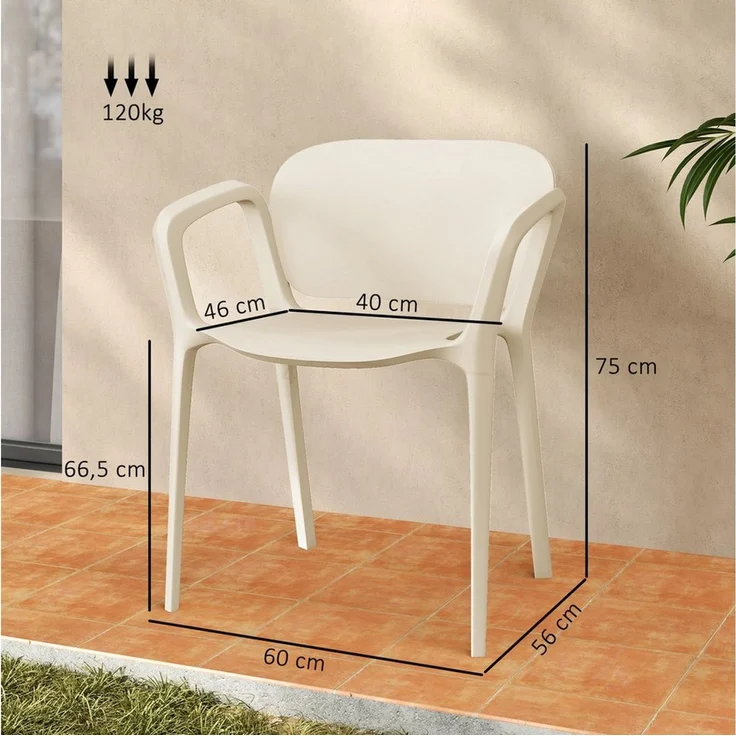 Outsunny Gartenstuhl 4er Set, aus Kunststoff, mit Armlehne, Rückenlehne, stapelbar (wetterfest Gartenstühle, 4 St), bis 120 kg belastbar Gartenmöbel für Hinterhof, Garten, Balkon Weiß – Bild 2