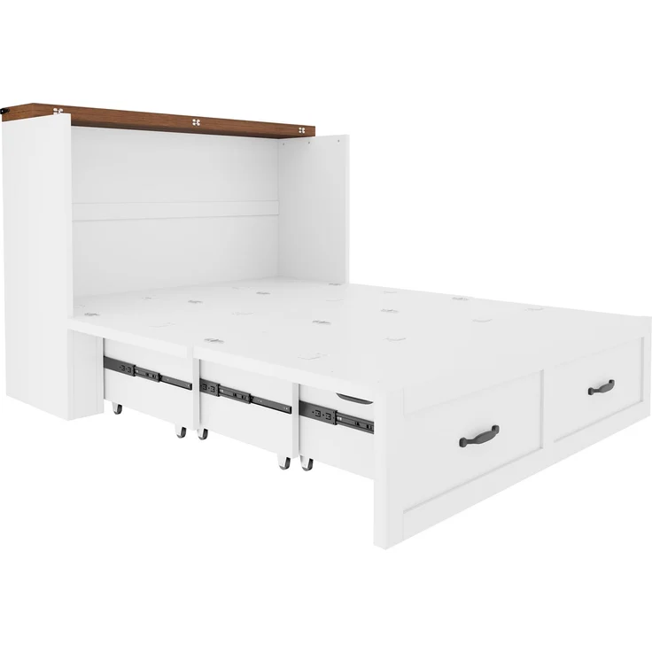 Merax Schrankbett 140x200 cm, Klappbett, Doppelbett, Ausziehbares Bettgestell mit Stauraum, Steckdose nach europäischem Standard, Metallrahmen, geräuscharme Rollen, Weiß – Bild 6