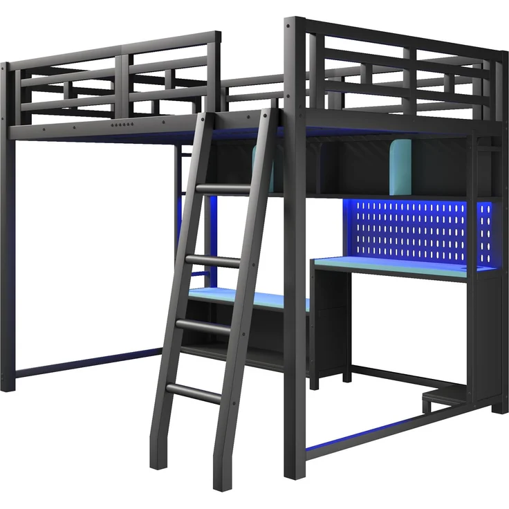 140x200 Metall Etagenbett mit Schreibtisch im Gaming-Stil, LED-Beleuchtung und Aufbewahrungsregalen, Schwarz+Blau – Bild 9