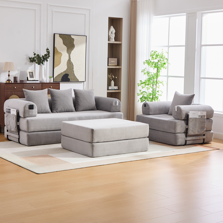 Sofa-Set modular mit flexibler Sitzfläche, 3-Sitzer, Sessel & Hocker 200x190x67 cm, Cord Hellgrau