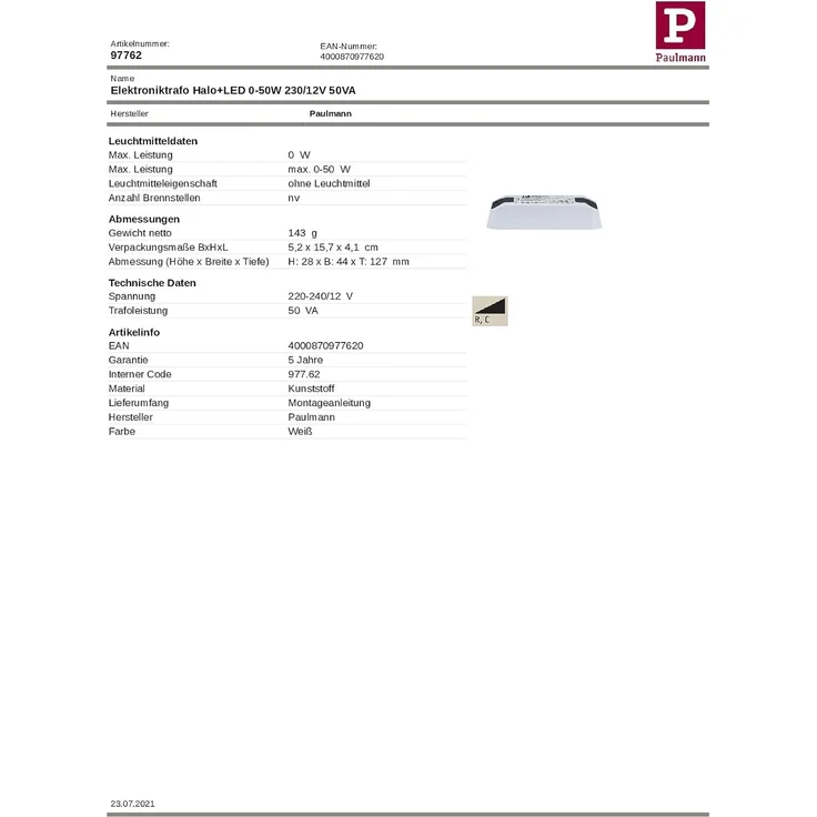 Paulmann Elektroniktrafo Halo+LED 0-50W 230/12V 50VA7597 – Bild 6