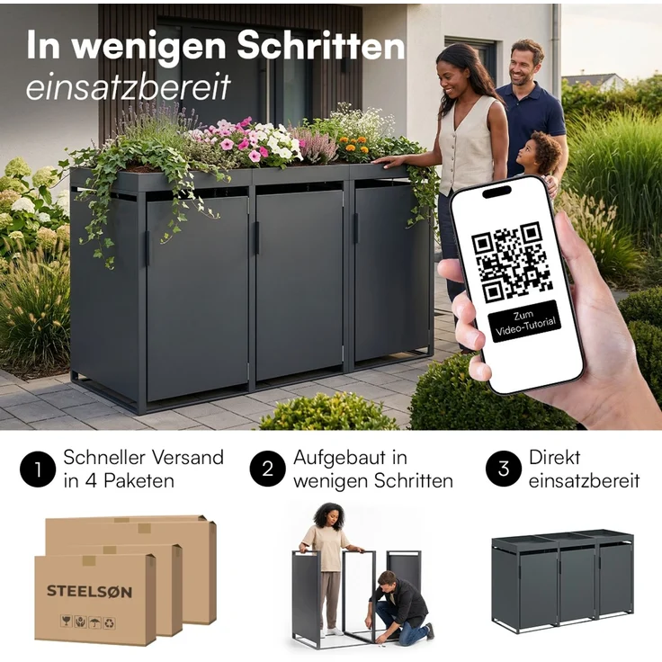 STEELSØN 'Thoria' Mülltonnenbox 3er je 240 Liter, anthrazit, Mülltonnenverkleidung aus Stahl, wetterfest, 125x80x203 cm, Müllbox mit Pflanzendach für 3 Tonnen – Bild 10