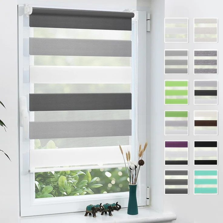 Grandekor Doppelrollo Klemmfix ohne Bohren Weiß-Grau-Anthrazit 70x150 cm(Stoffbreite 66cm) Fenster Rollos für innen Klemmrollos Duo Rollos für Fenster ohne Bohren mit Bohren Privatschutz Zebrarollo – Bild 1