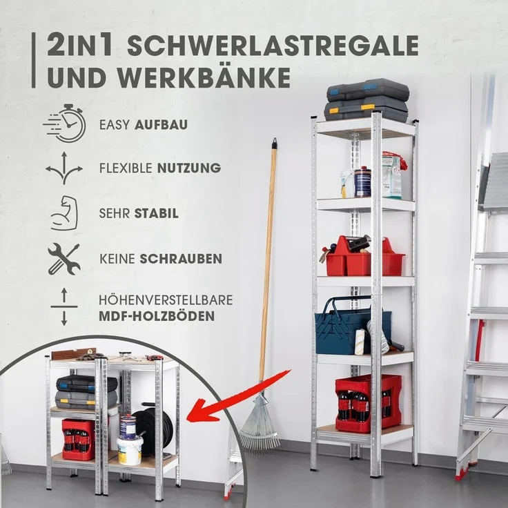 EASYmaxx Schwerlastregal 180x40x40 cm, 875 kg Traglast, 175 kg pro Ebene, 1-tlg, Kellerregal Lagerregal, 5 verstellbare Ablagen – Bild 2