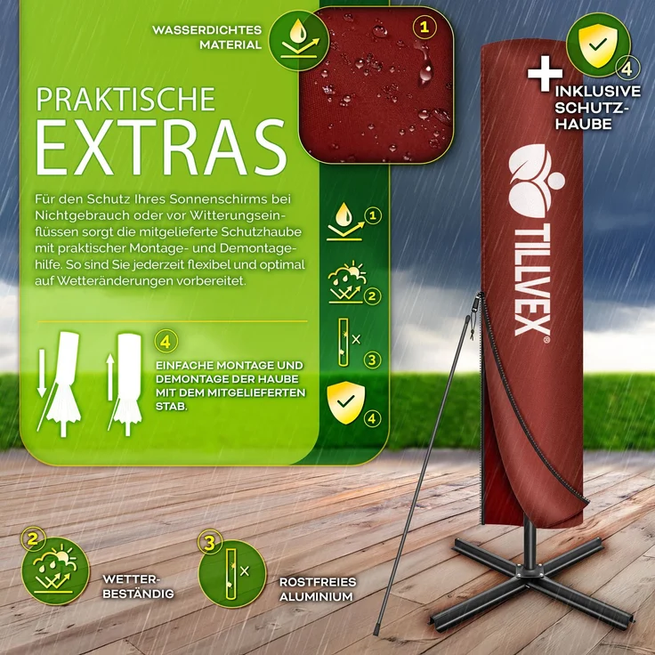 tillvex® Alu Sonnenschirm Rechteckig Ø 330 cm mit LED Solar Rot + Abdeckung mit Kurbel | Ampelschirm mit Ständer & Windschutz | Gartenschirm UV-Schutz, wasserdicht, 360° drehbar | Kurbelschirm Marktschirm – Bild 6