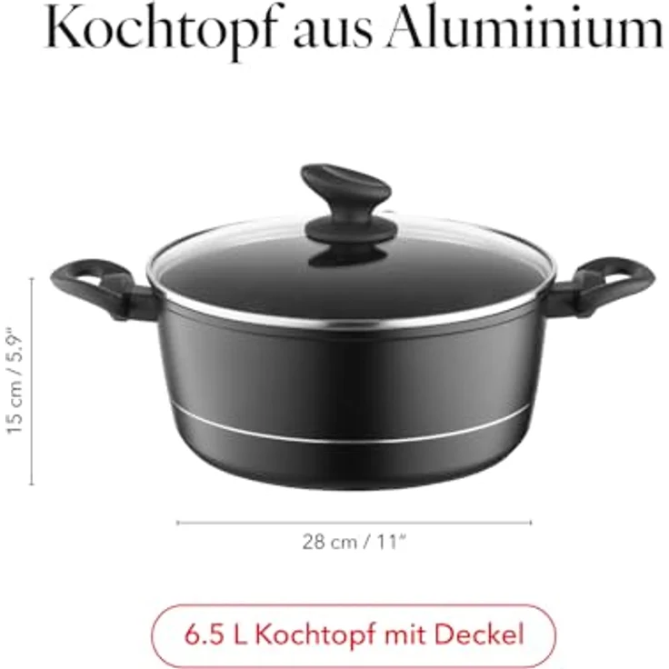 FLORINA Aluminium Topf (6,5 l) 28 cm I Kochtopf DELUX mit Glasdeckel I Messbecher & Antikratz-Beschichtung I Topf mit Induktionsboden I Geeignet für Induktionsherd, Gasherd und Elektroherd (Schwarz) – Bild 3