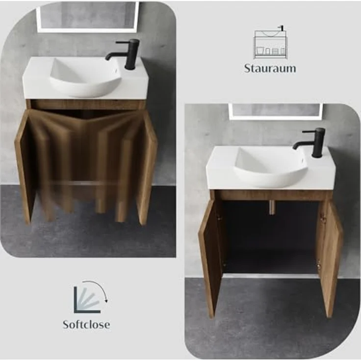 Alpenberger Badmöbel-Set Gäste WC Waschbecken mit Unterschrank 55 cm Breit, (Badschrank Klein, Badmöbel Set Eiche), Waschbeckenunterschrank mit Waschbecken – Bild 6