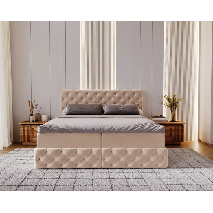 Kaiser Möbel Chesterfield-Kontinentalbett Chester Deluxe, Boxspringbett mit Bettkasten, Royal Velvet Dunkelbeige, 120x200 cm