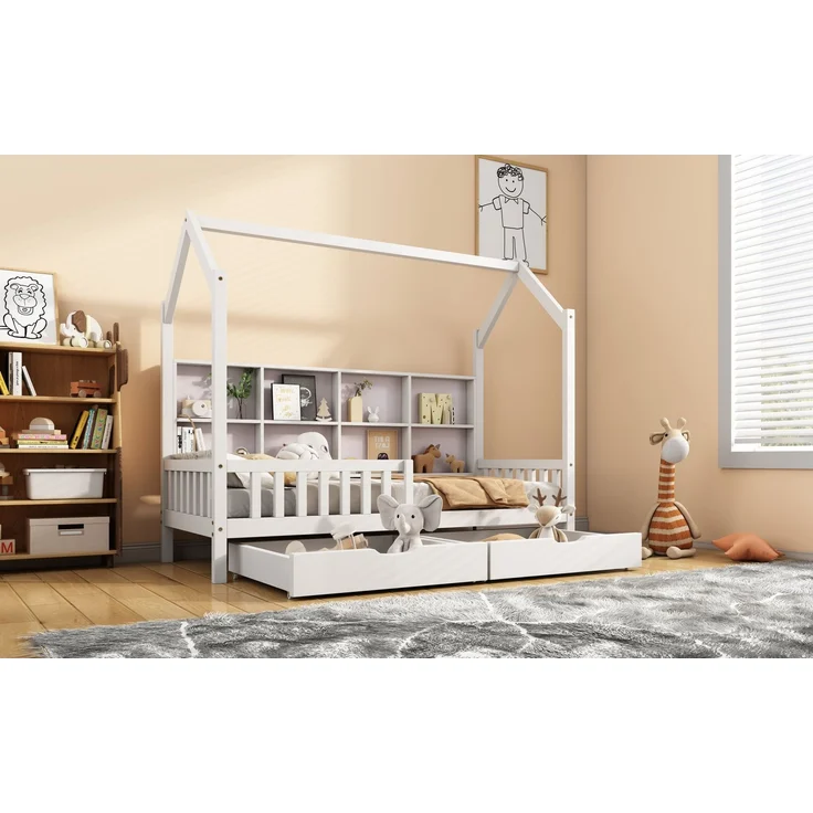 Merax Hausbett 90x200cm Kinderbett mit Mehrzweck-Bücherregal-Speichergitter-Kabinett Ablageregal und zwei großen Schubladen mit Stauraum und Kaminform, Weiß – Bild 8