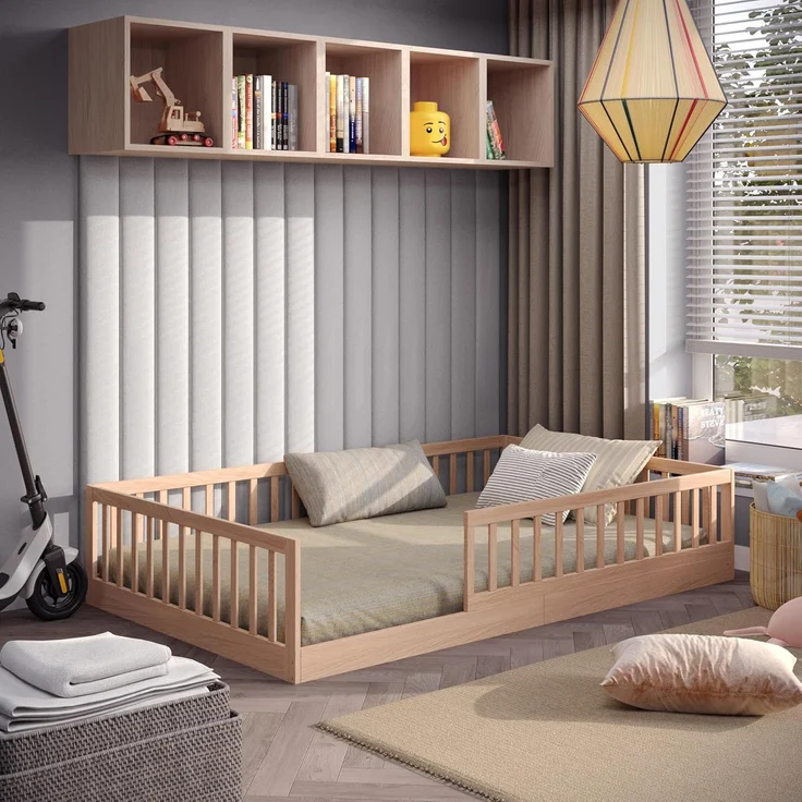 CADANI Kinderbett Timi Bodenbett bis 200 kg belastbar mit abnehmbarem Rausfallschutz (120x200 cm, Montessori Kinder- & Jugendbett aus Kiefer Massivholz), inkl. stabilem Roll-Lattenrost, Natur – Bild 1