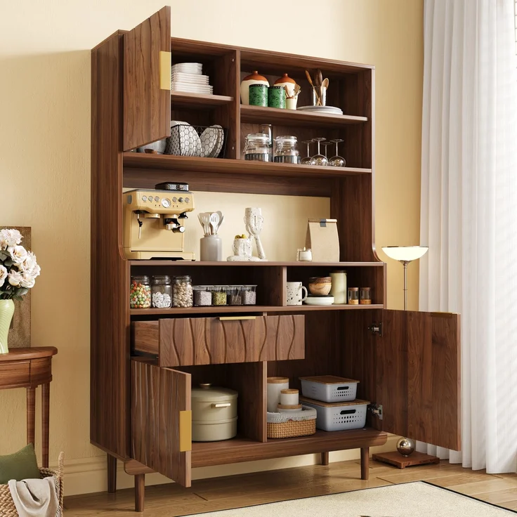Sideboard,Hochschrank Küchenschrank Buffet Schrank Stauraumschrank mit Schublade Türen offene Regale MDF PB Holzschrank mit Massivholz Füßen--Nussbaum--100x32x170cm--YOUDENOVA – Bild 8