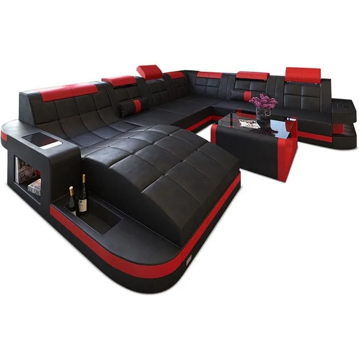 Sofa Dreams - Design Wohnlandschaft Wave XL mit LED - Kunstleder - schwarz-rot - Links